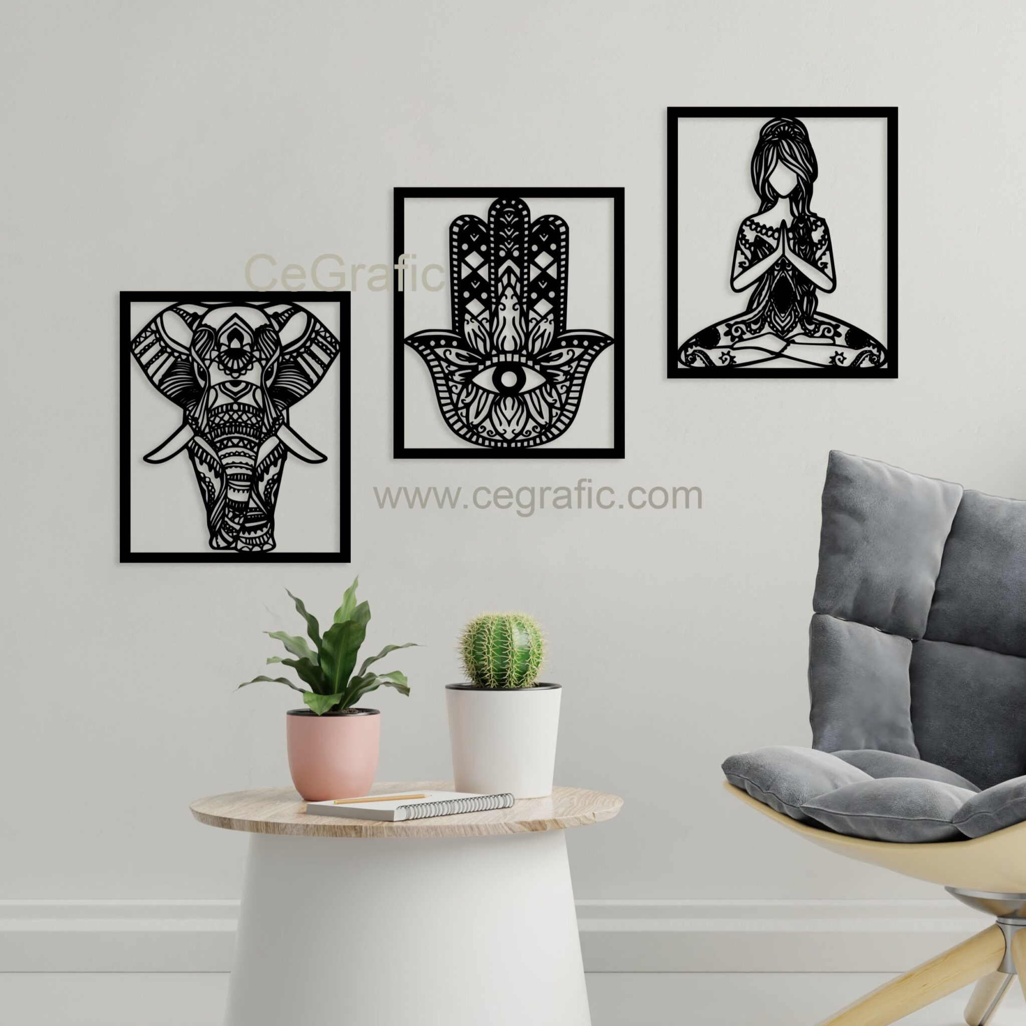 Set 3 Cuadros Elefante Mano Hamsa Y Silueta Mandalas CeGrafic