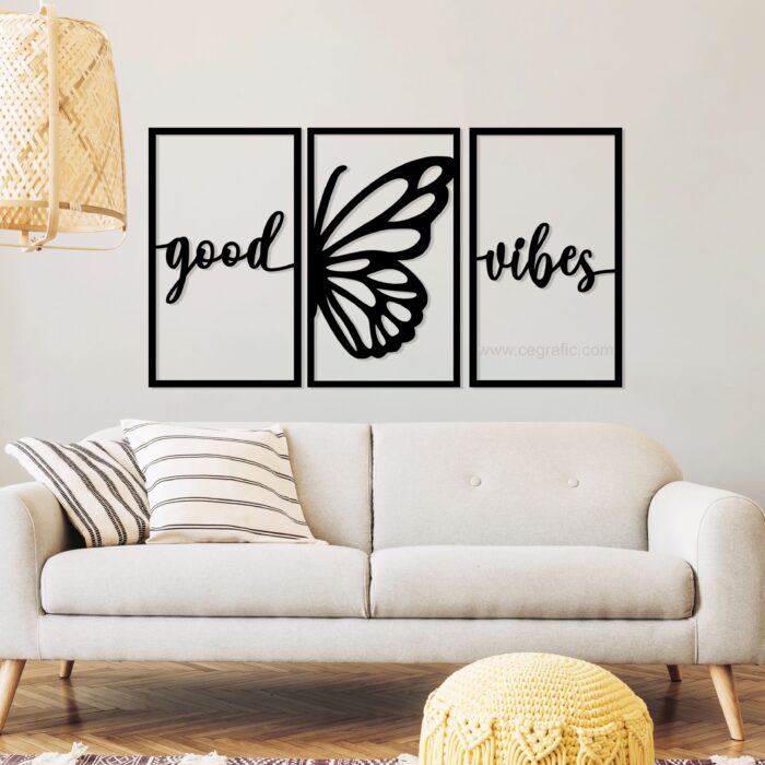 Set 3 cuadros Good Vibes con mariposa