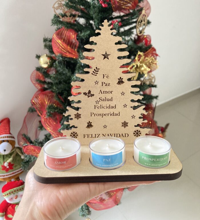 Porta vela árbol personalizado con tres velitas