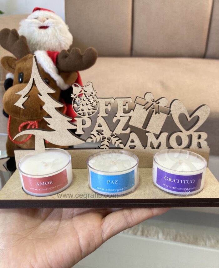 Porta vela FE PAZ AMOR con tres velitas