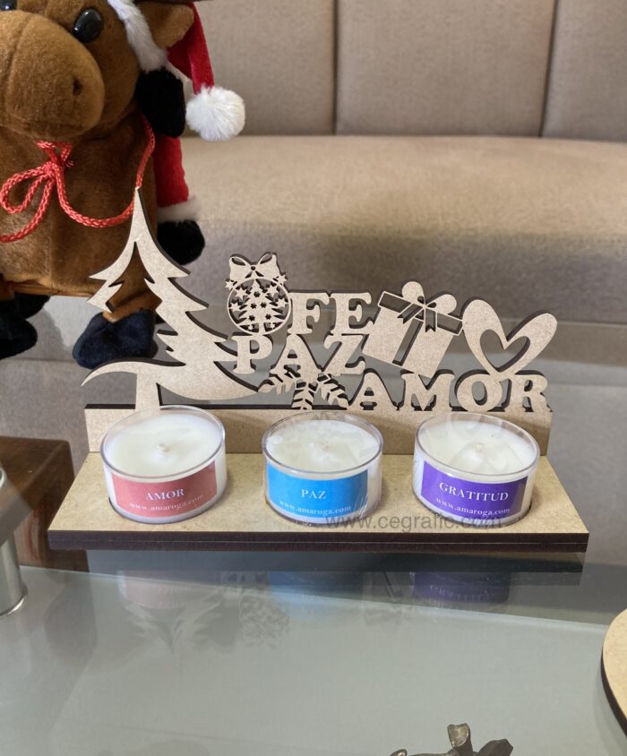 Porta vela FE PAZ AMOR con tres velitas - Image 2