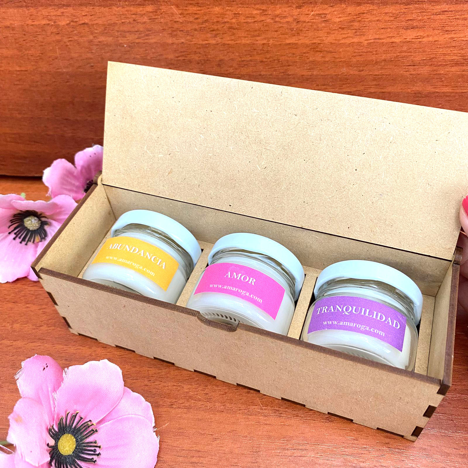 Cajita de deseos - tres velitas y caja madera.