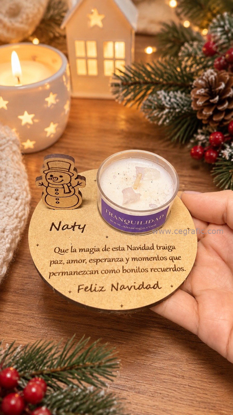 Mini porta vela muñeco de nieve con velita de deseo - (intención - navidad)
