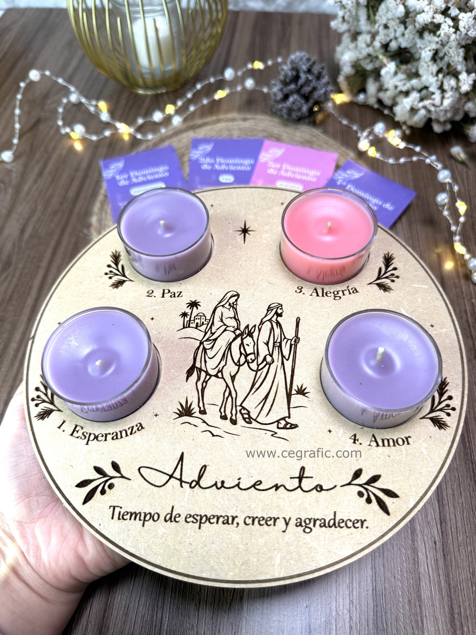 Kit de adviento 4 velas y base en madera. - Image 3