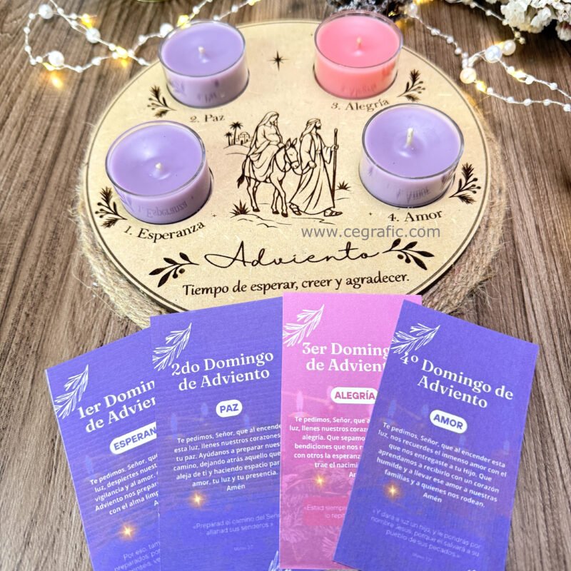 Kit de adviento 4 velas y base en madera.