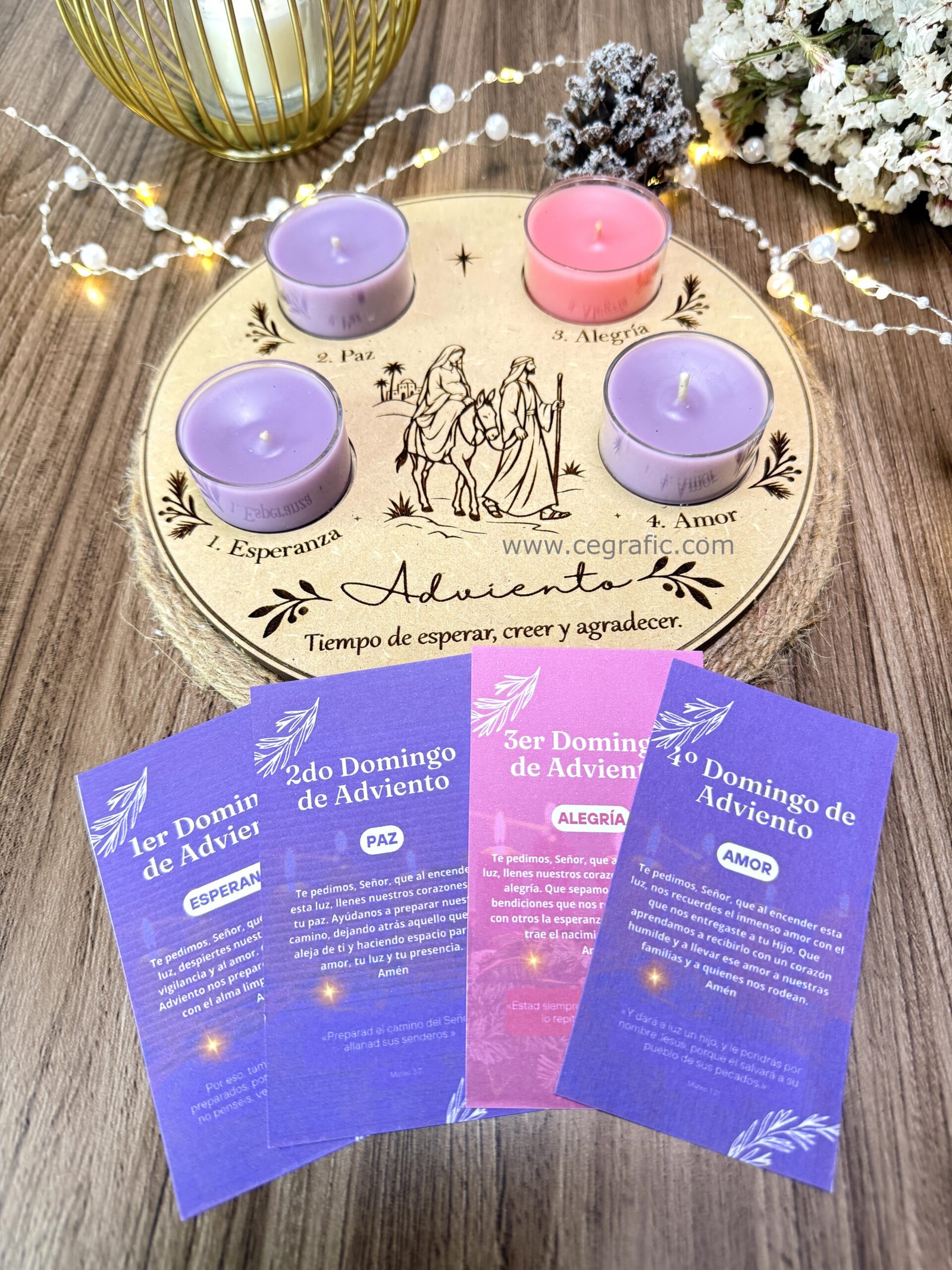 Kit de adviento 4 velas y base en madera.